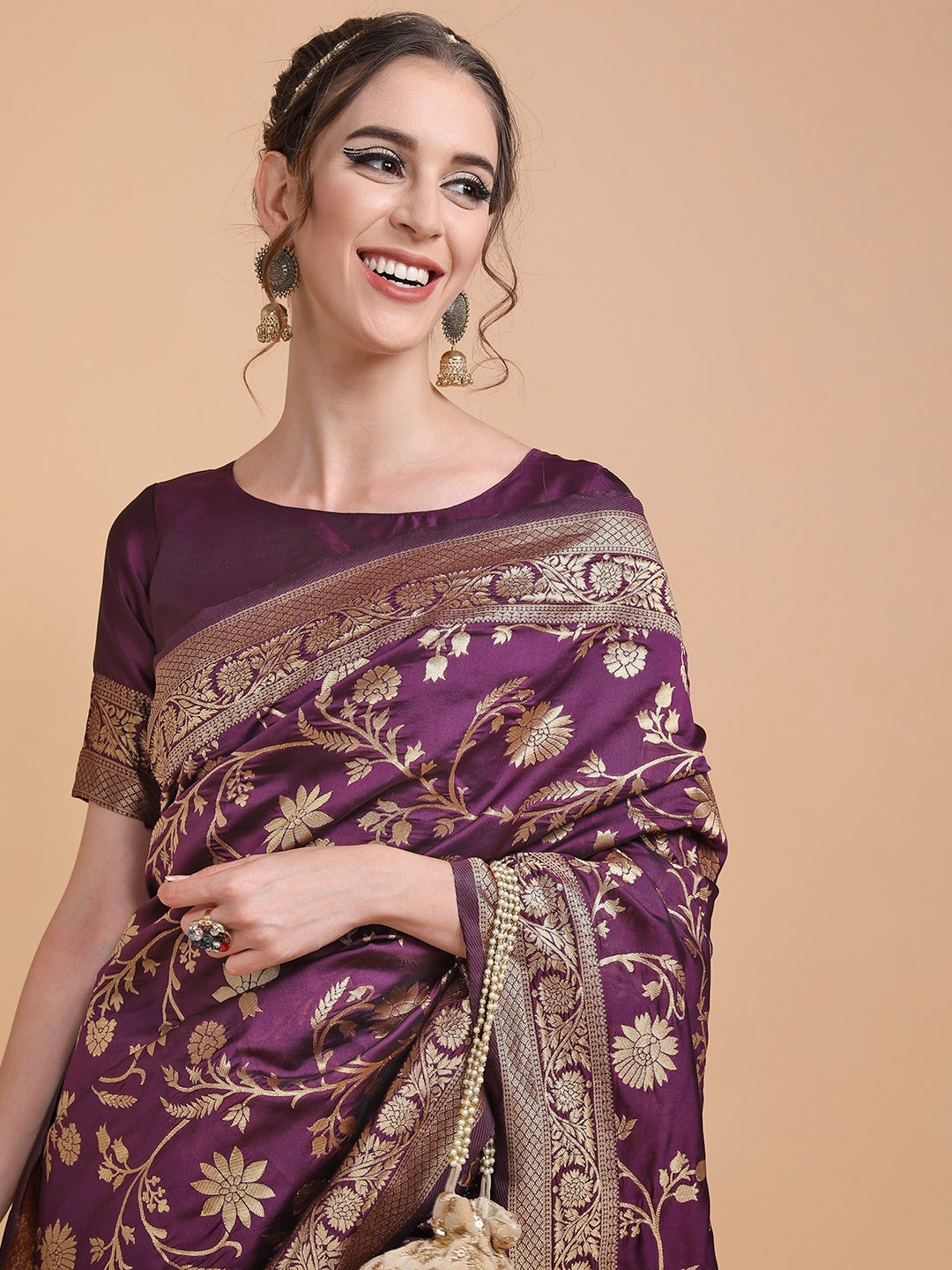 

Sangria Women Purple & Golden Woven Design Zari Banarasi Saree