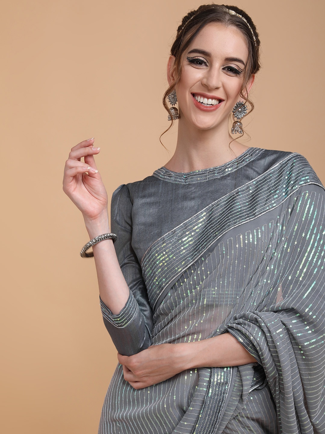 

Sangria Women Grey Melange Striped Sequinned Heavy Work Saree