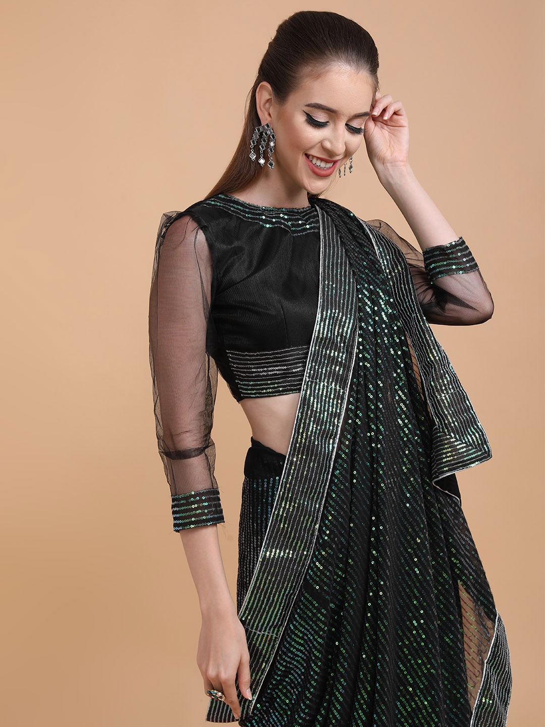 

Sangria Women Black & Green Striped Sequinned Heavy Work Saree