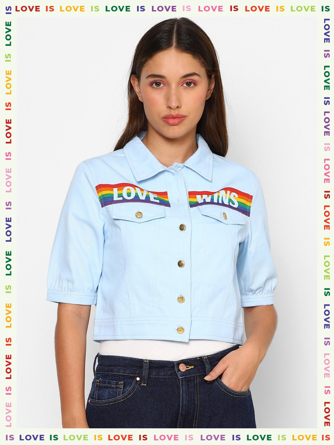 

FOREVER 21 Women Blue Crop Denim Jacket