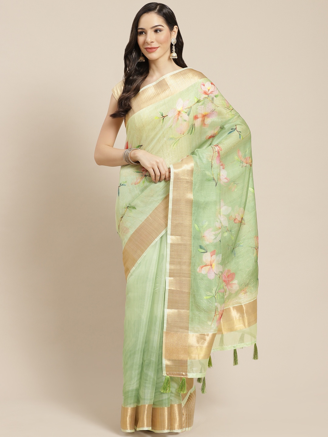 

Mitera Green & Golden Floral Organza Saree