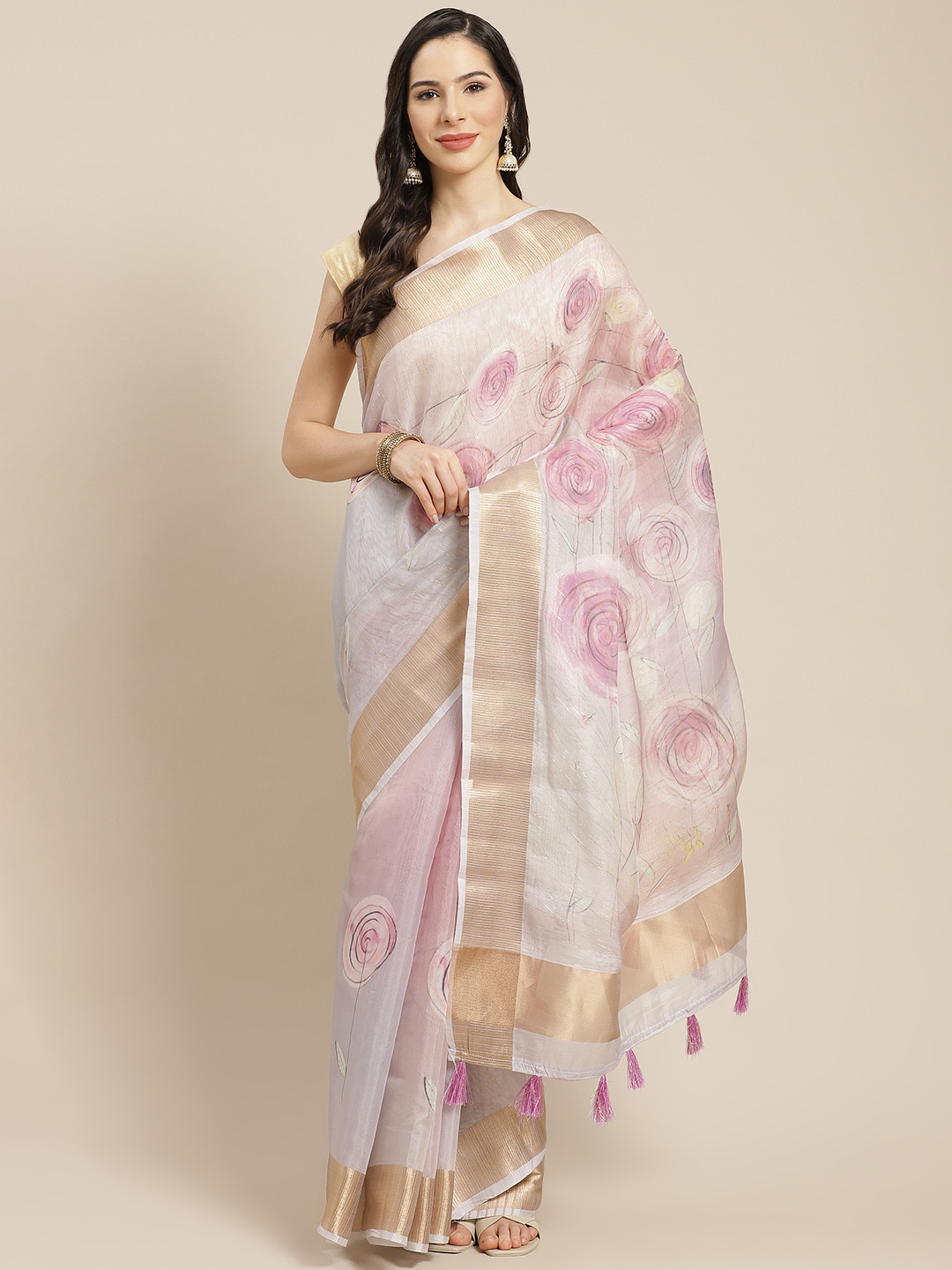 

Mitera Off White & Pink Floral Organza Saree