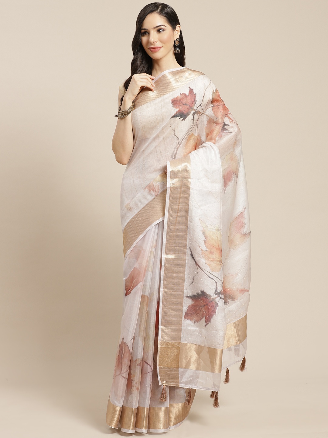 

Mitera Off White & Brown Floral Organza Saree