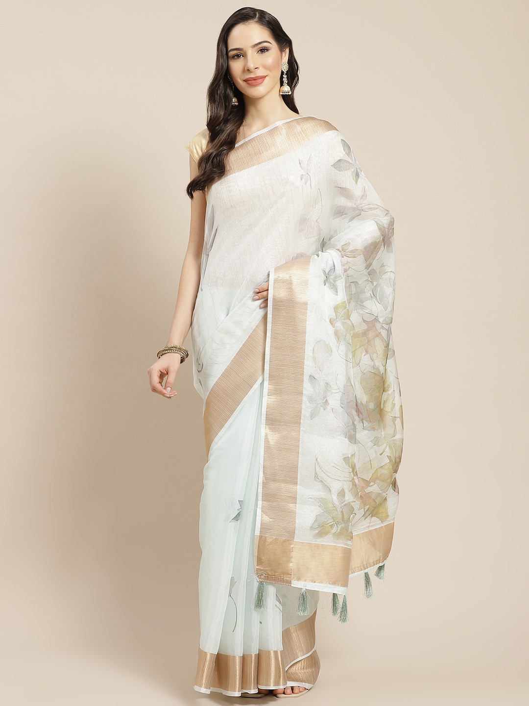 

Mitera Sea Green & Beige Floral Organza Saree