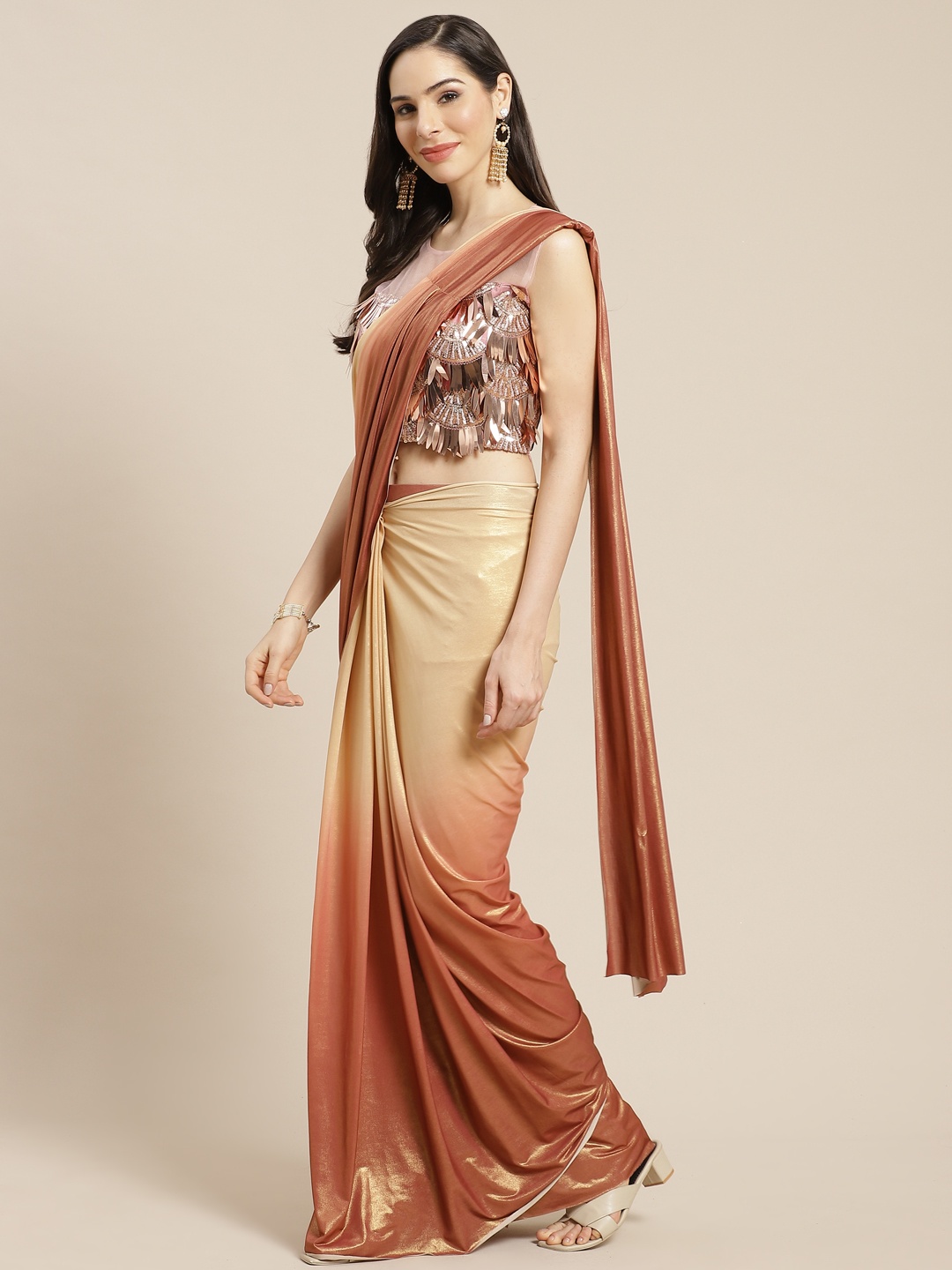 

Mitera Beige & Brown Ombre Effect Organza Ready to Wear Saree