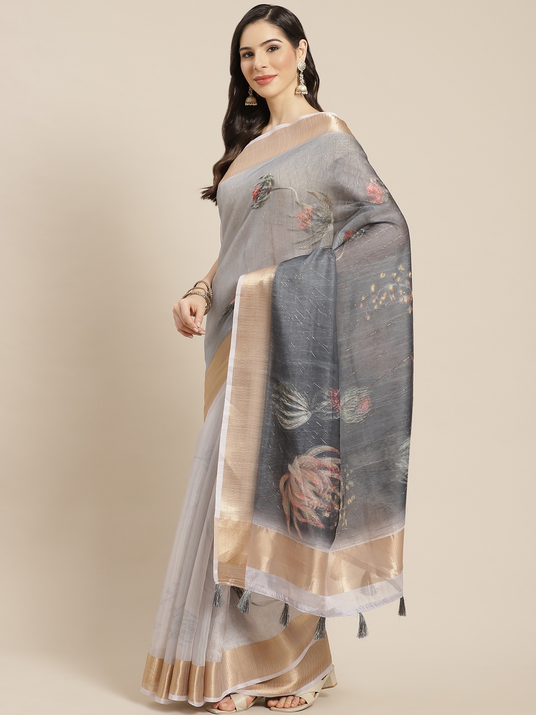 

Mitera Grey Floral Organza Saree