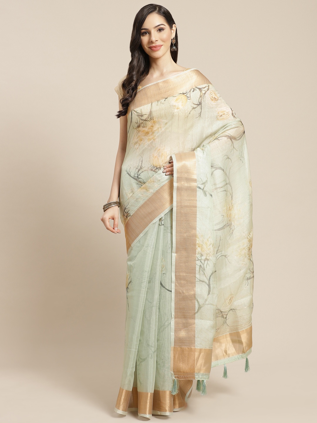 

Mitera Green & Golden Floral Organza Saree