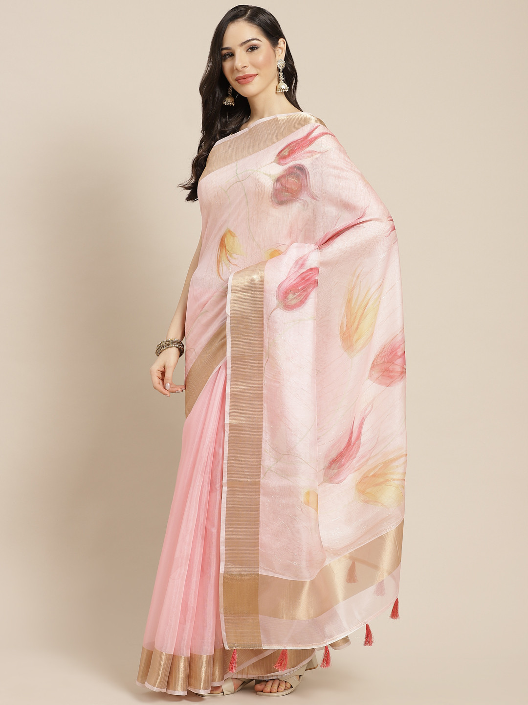 

Mitera Pink Floral Organza Saree