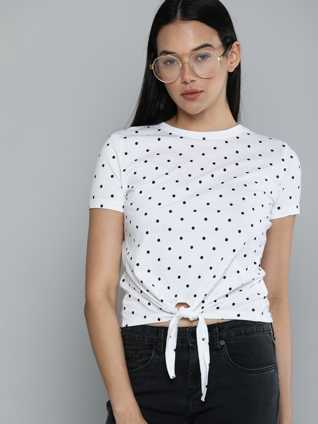 

Harvard Women White & Black Polka Dots Printed Pure Cotton Top With Waist tie Ups