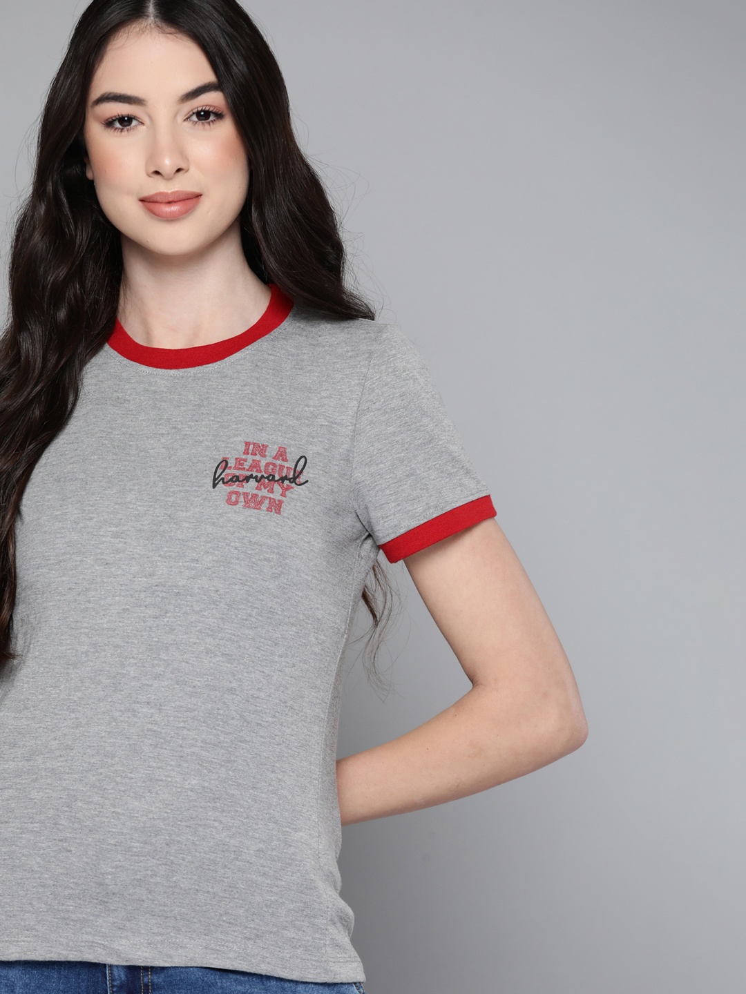 

Harvard Women Grey Melange & Red Solid Pure Cotton T-shirt