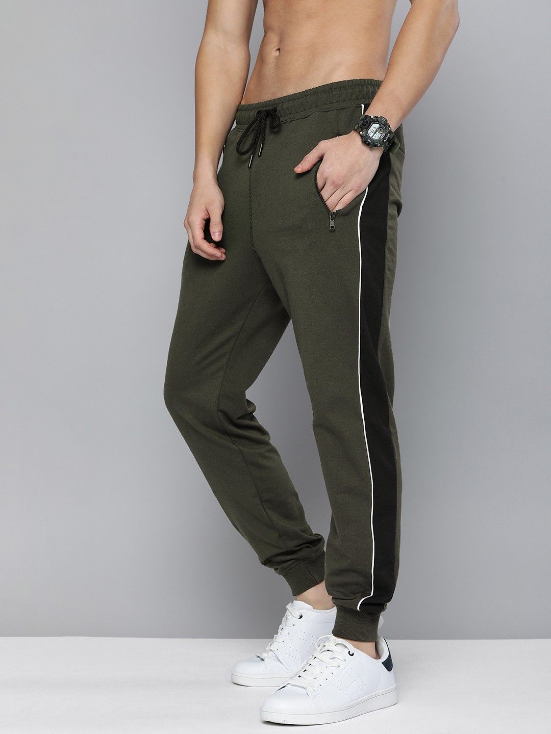

Harvard Men Olive Green Side Striped Joggers