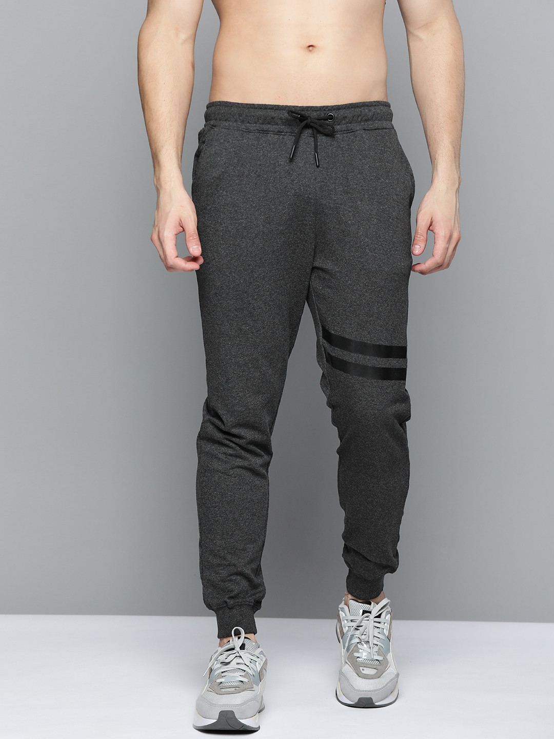 

Harvard Men Charcoal Grey Solid Joggers with Striped Detail