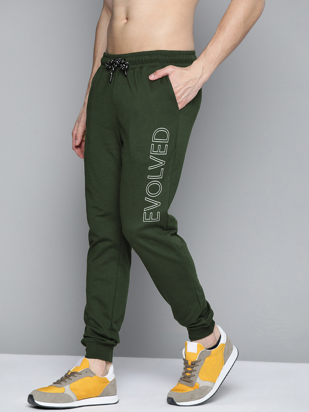 

Harvard Men Olive Green Solid Joggers With Print Detail