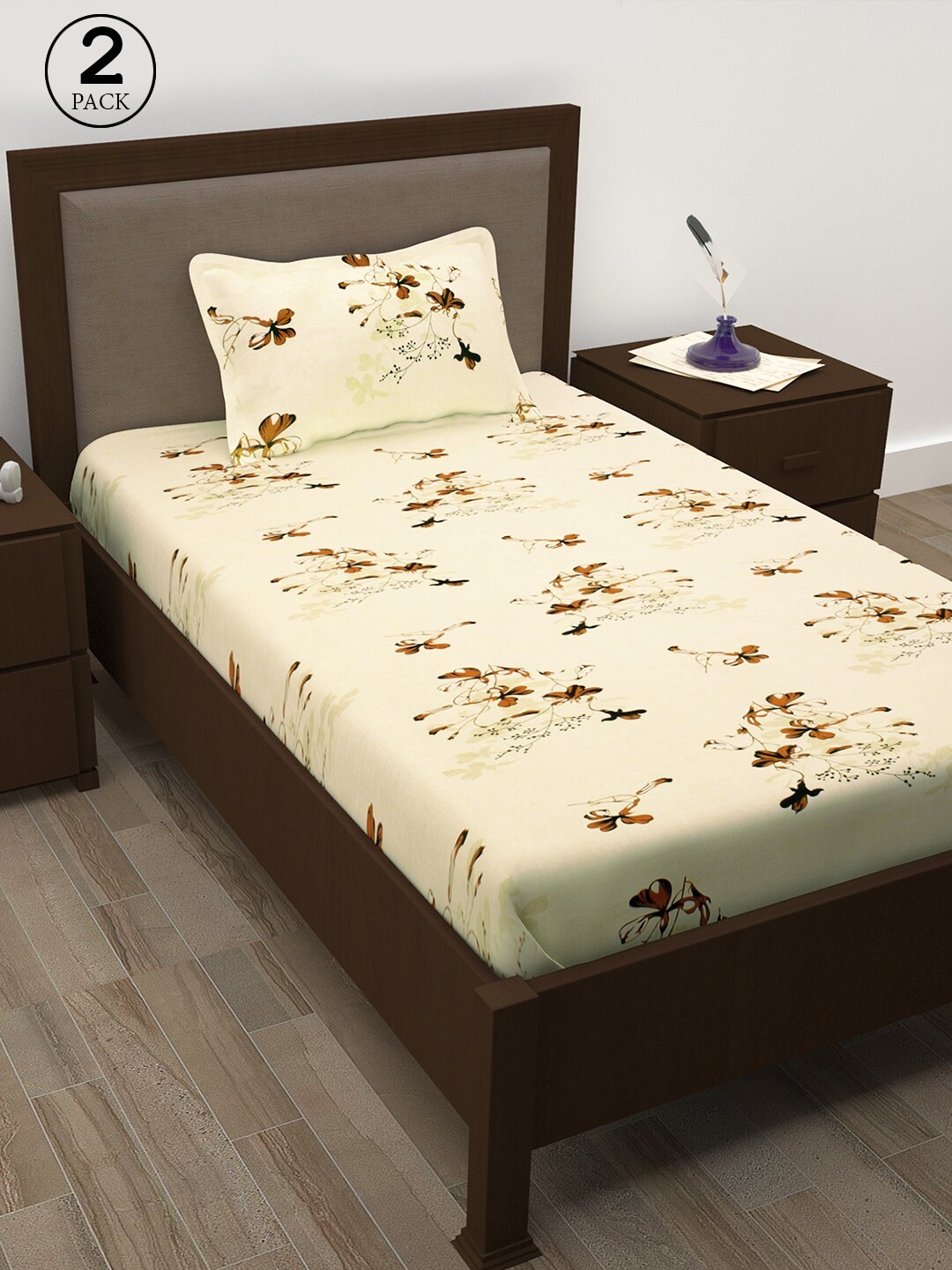 

Story@home Cream-Coloured & Brown Floral 208 TC 2 Single Bedsheet with 4 Pillow Covers