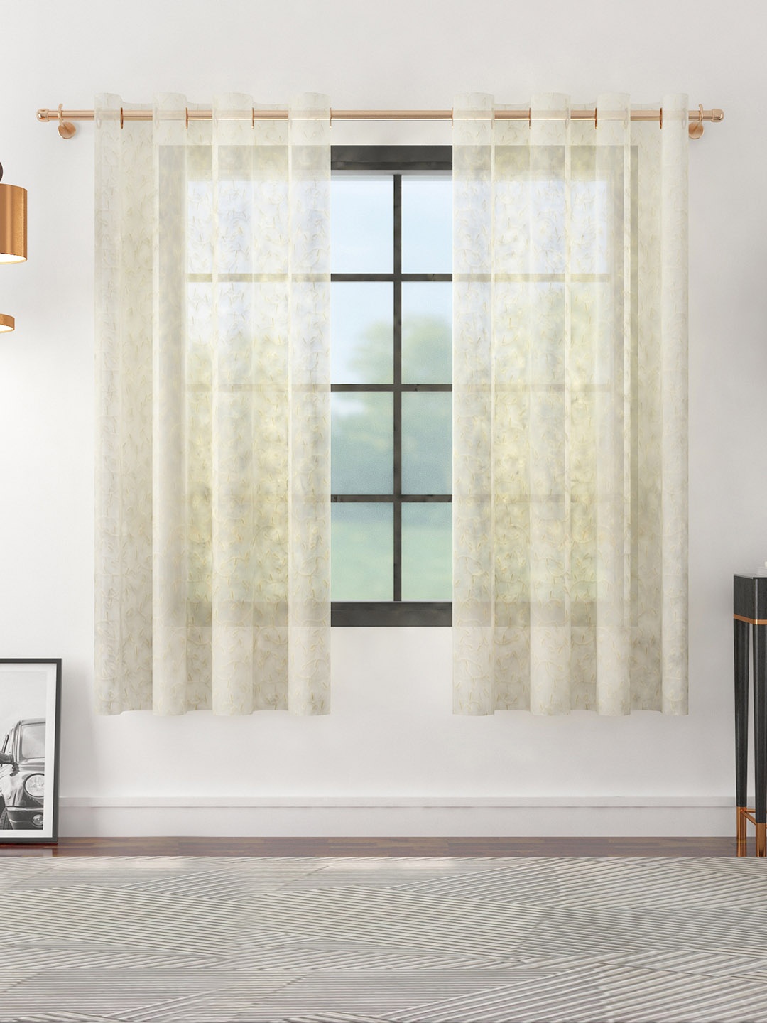 

HomeTown Off White Set of 2 Embroidered Sheer Window Curtain