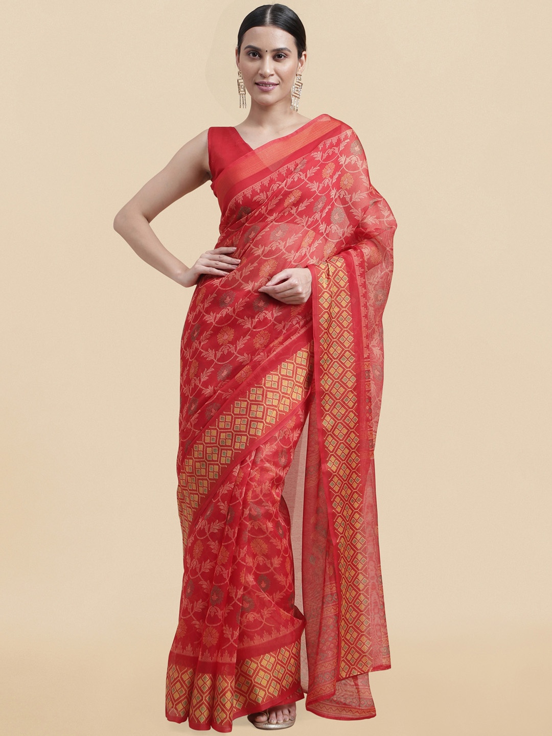 

KALINI Red & Gold-Toned Floral Zari Saree