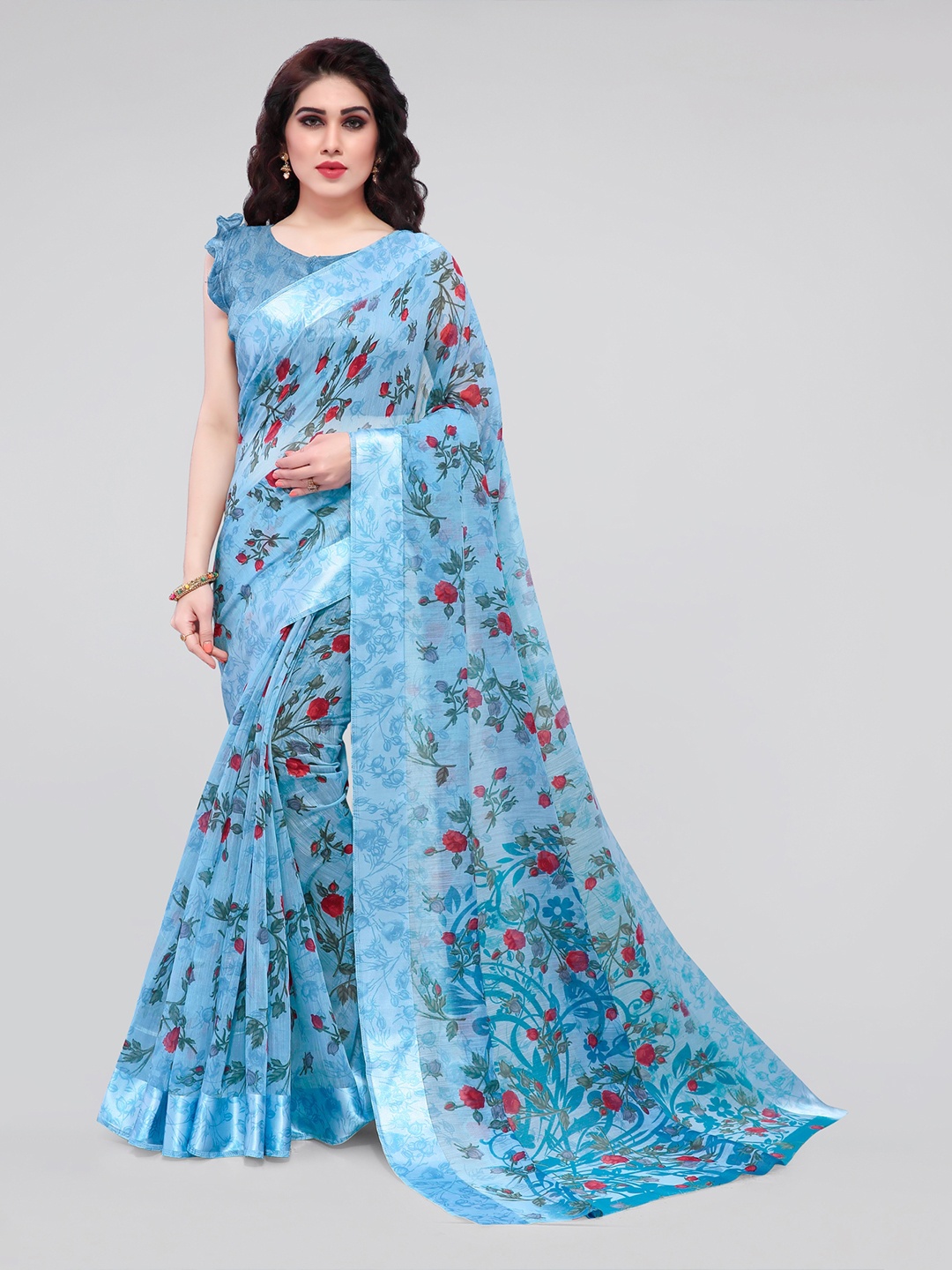 

KALINI Blue & Red Floral Bagh Saree