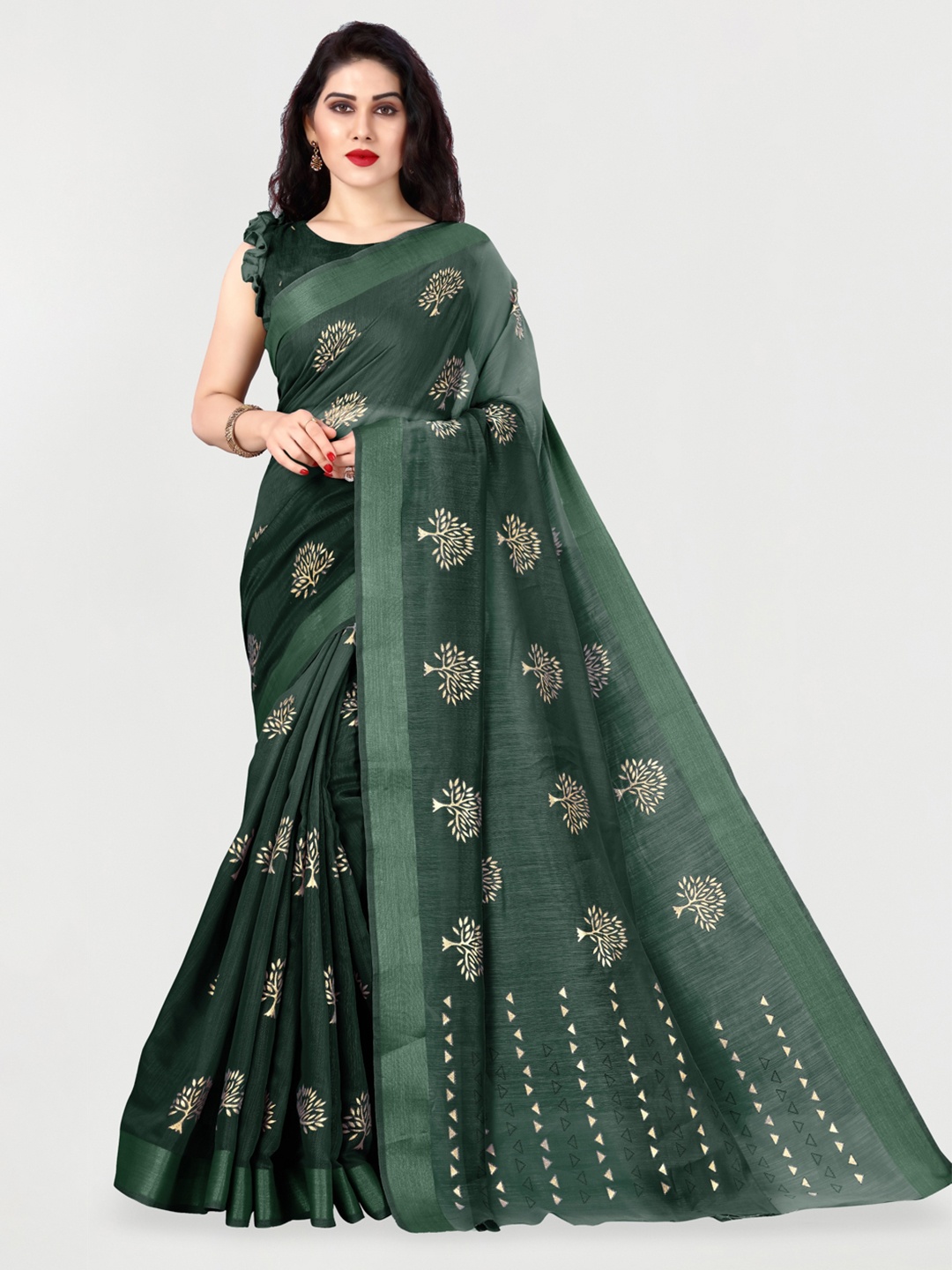 

KALINI Green & Gold-Toned Block Print Saree