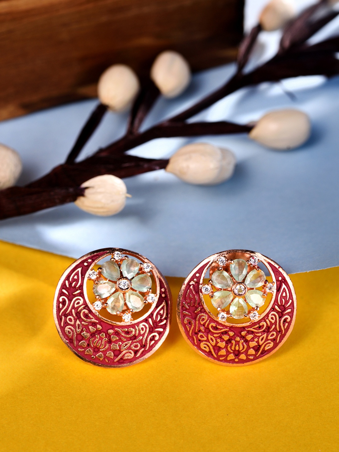

Saraf RS Jewellery Red & Gold-Plated Enamelled Circular Studs Earrings