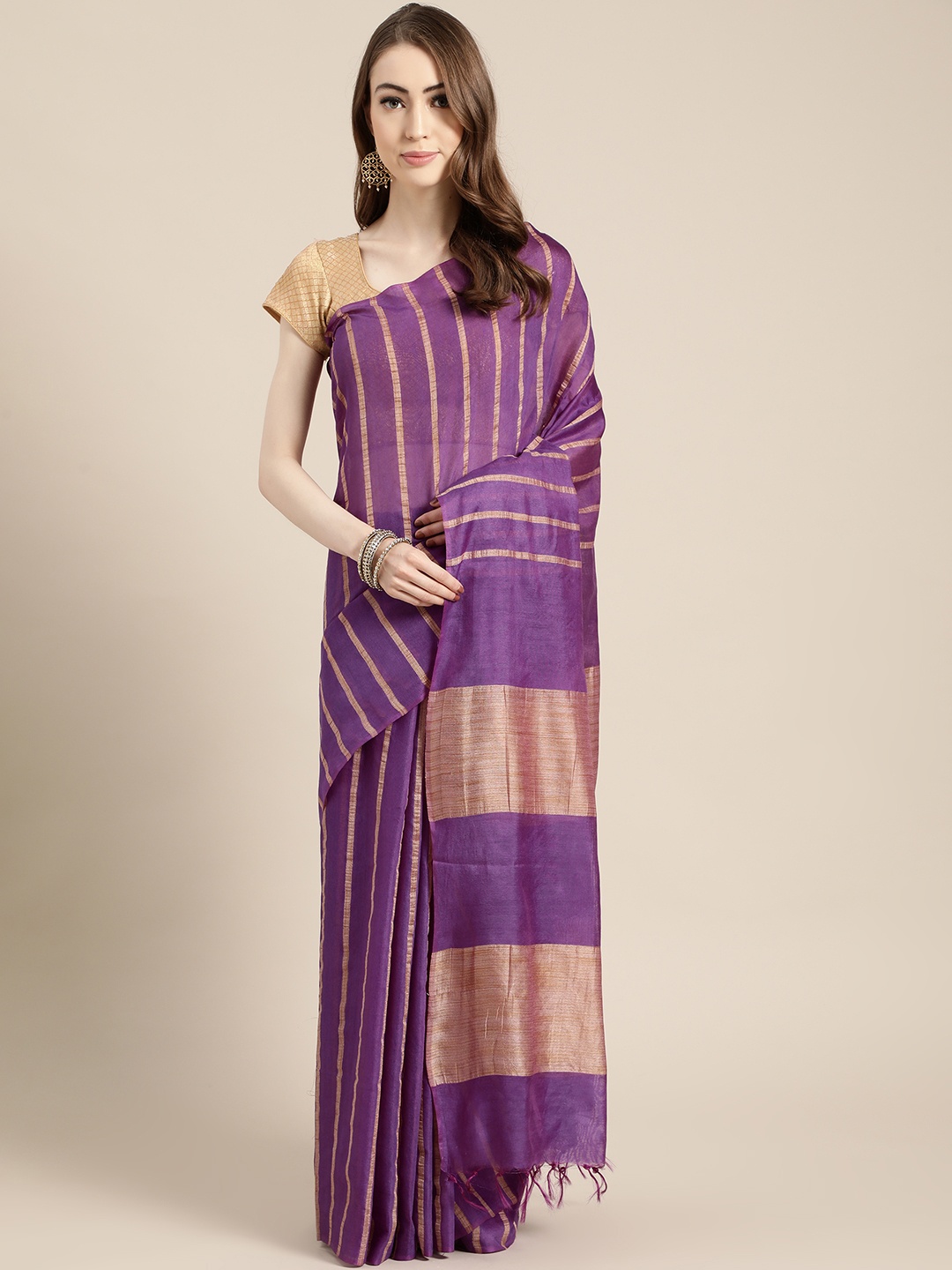 

swatika Purple & Beige Striped Handloom Muga Saree