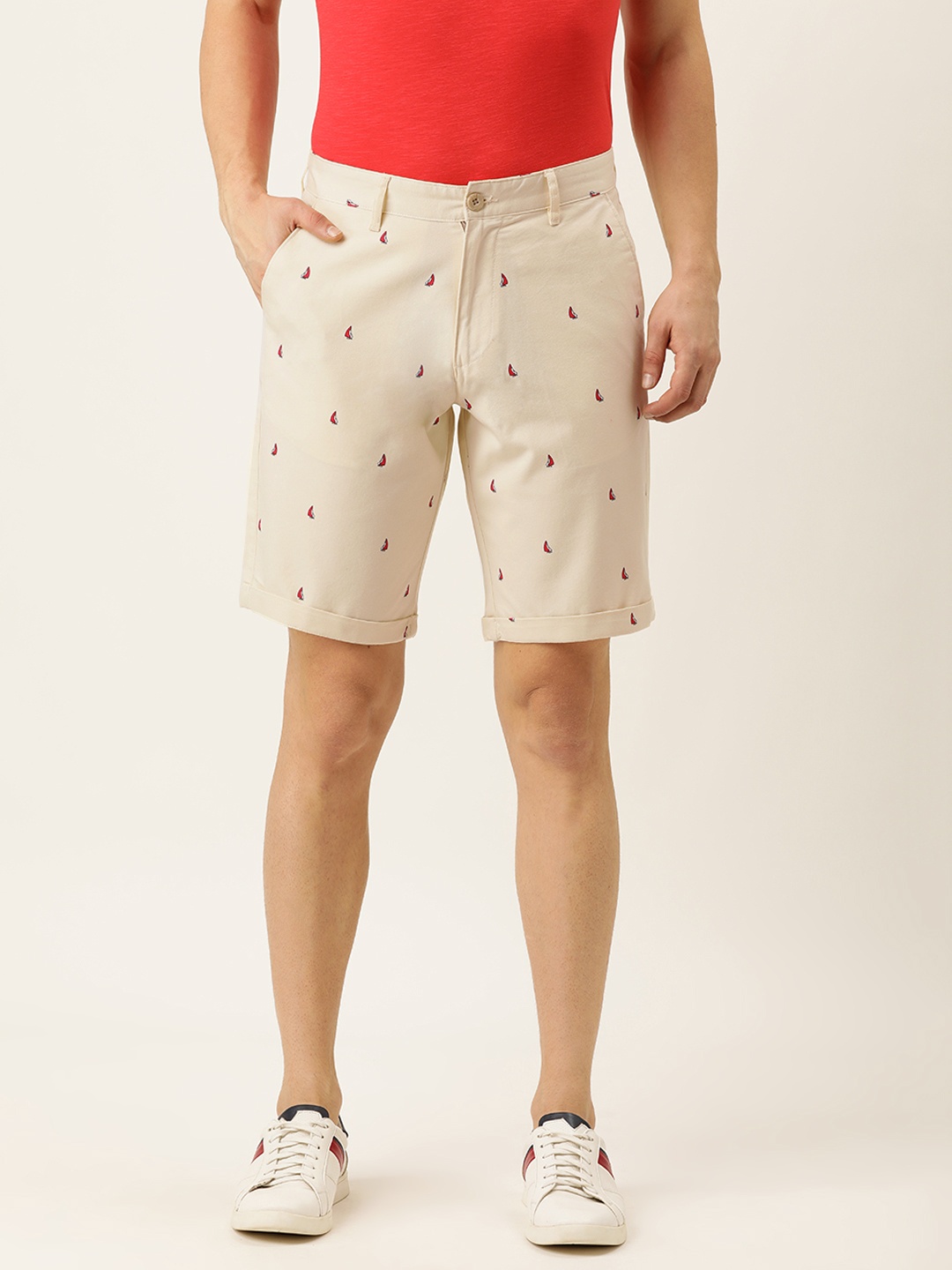 

IVOC Men Beige & Red Conversational Printed Slim Fit Mid-Rise Regular Shorts