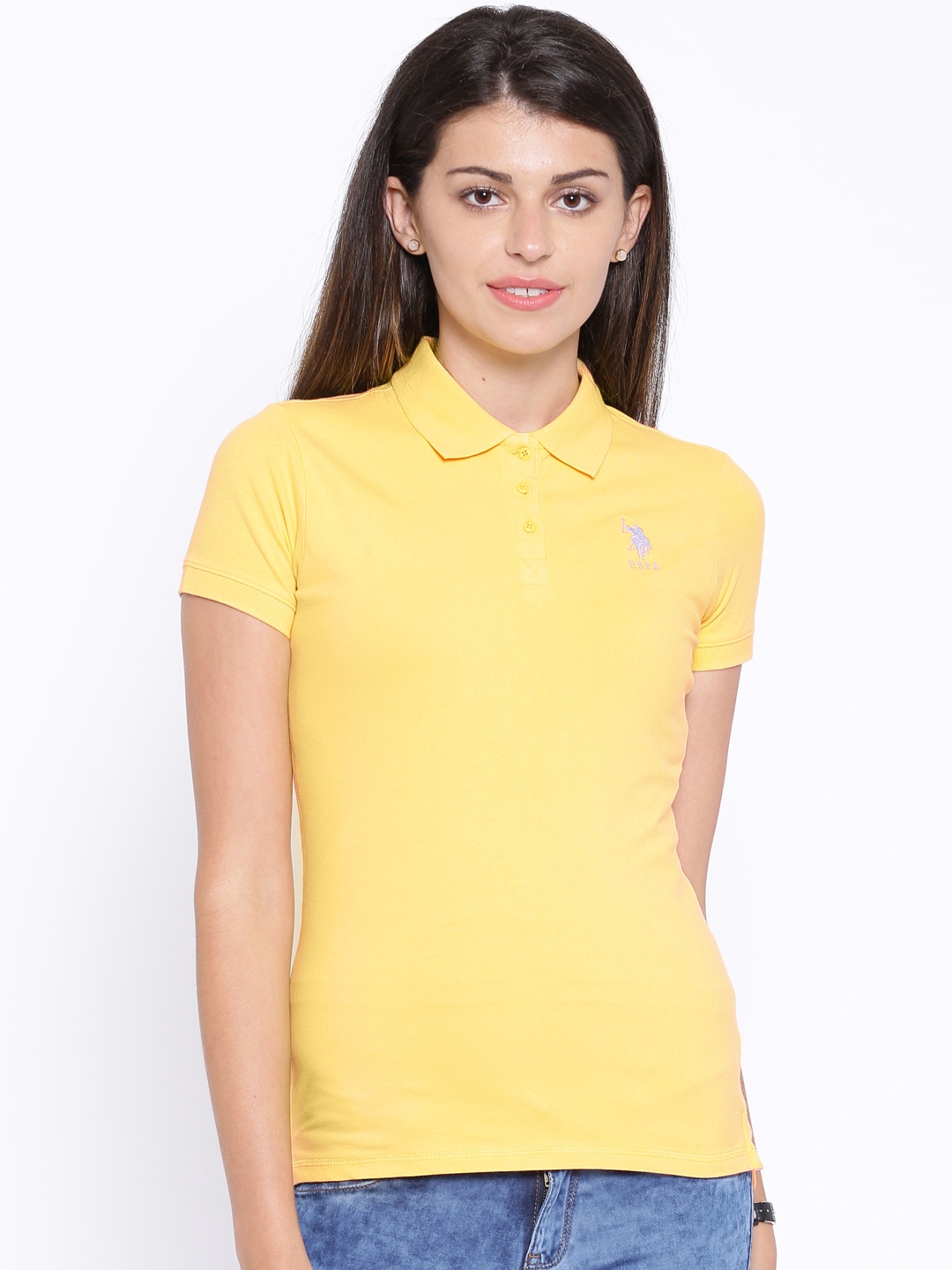 

U.S. Polo Assn. Women Women Yellow Solid Polo T-Shirt