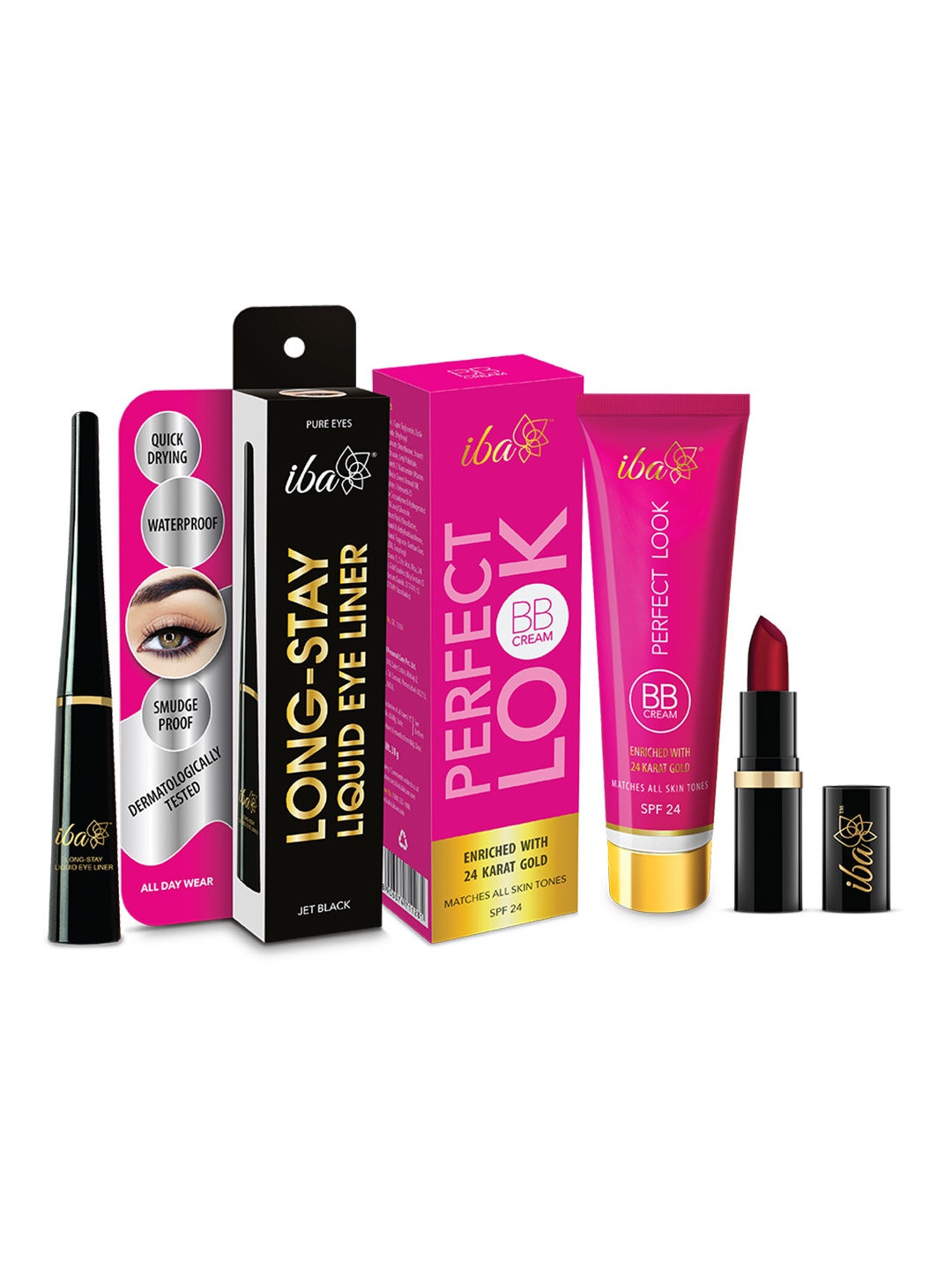 

Iba Pack Of Three Makeup Combo 2-24 Kt Gold Bb Cream With Eyeliner & Lipstick, Multi