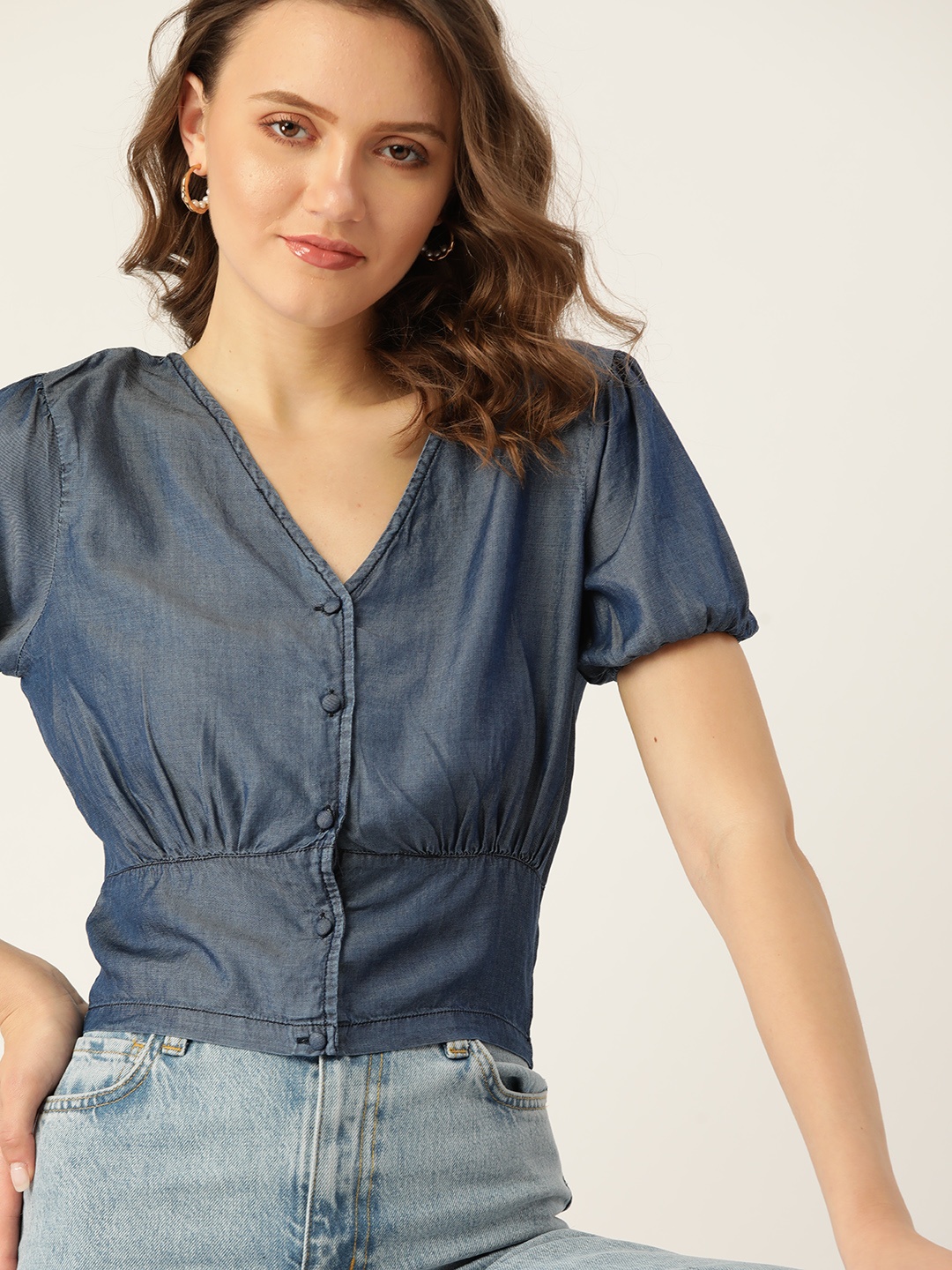 

DressBerry Navy Blue Pure Cotton Chambray Cinched Waist Cropped Top