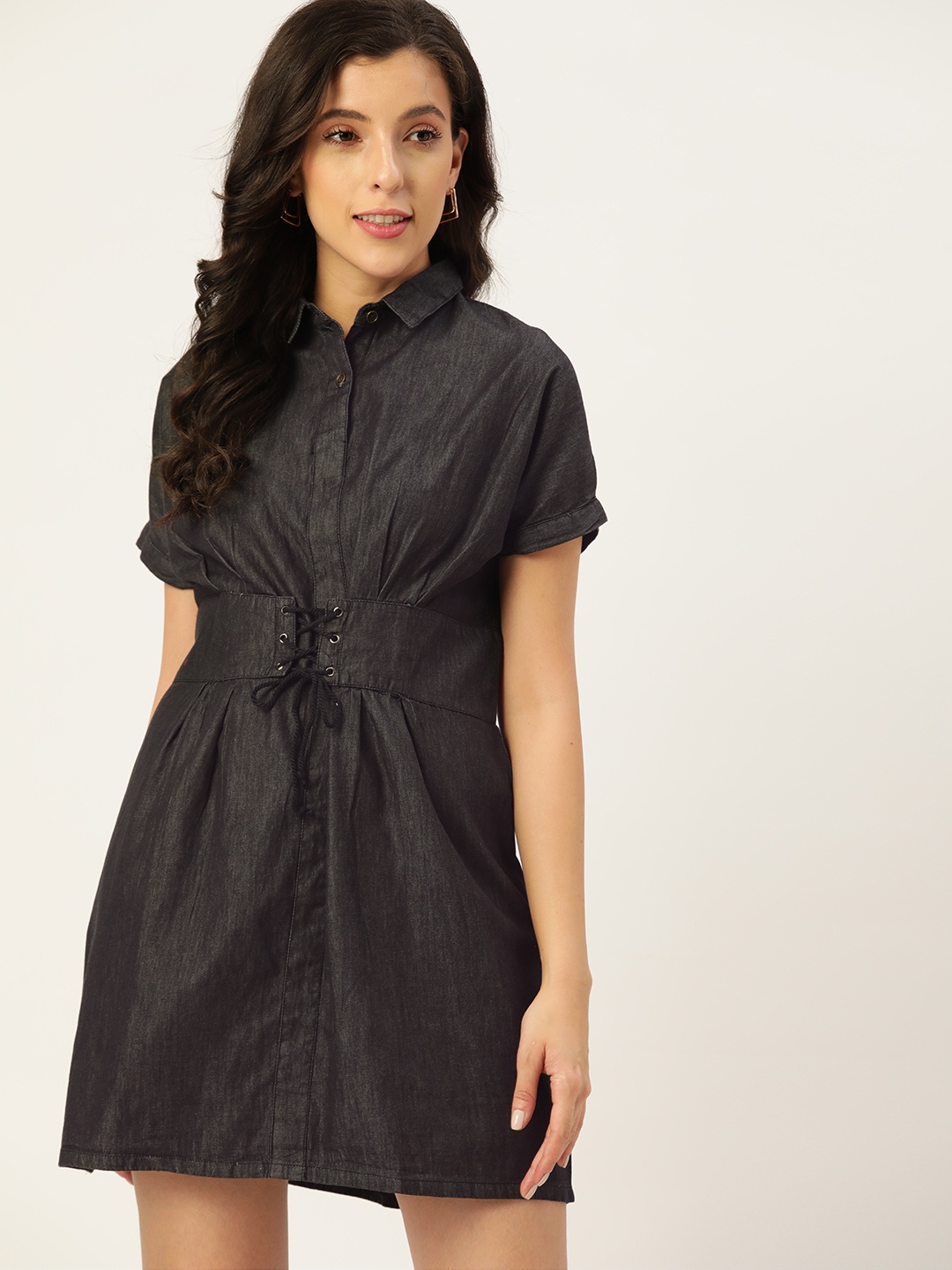 

DressBerry Black Solid Lace-Up Shirt Dress