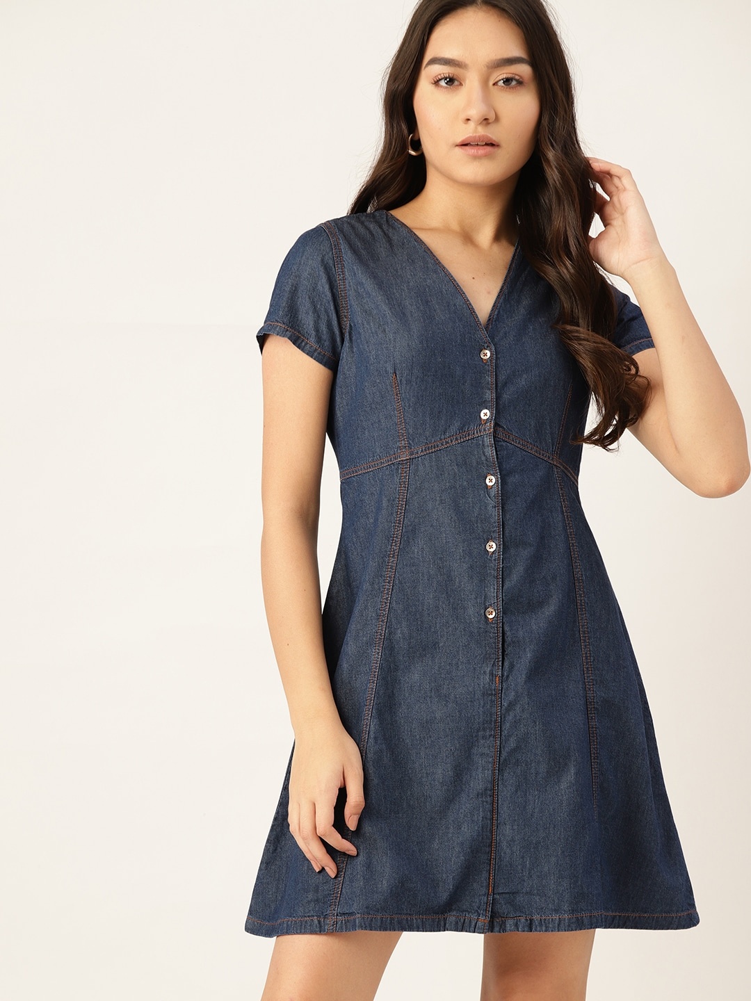 

DressBerry Blue Cotton Denim Mini Fit & Flare Dress