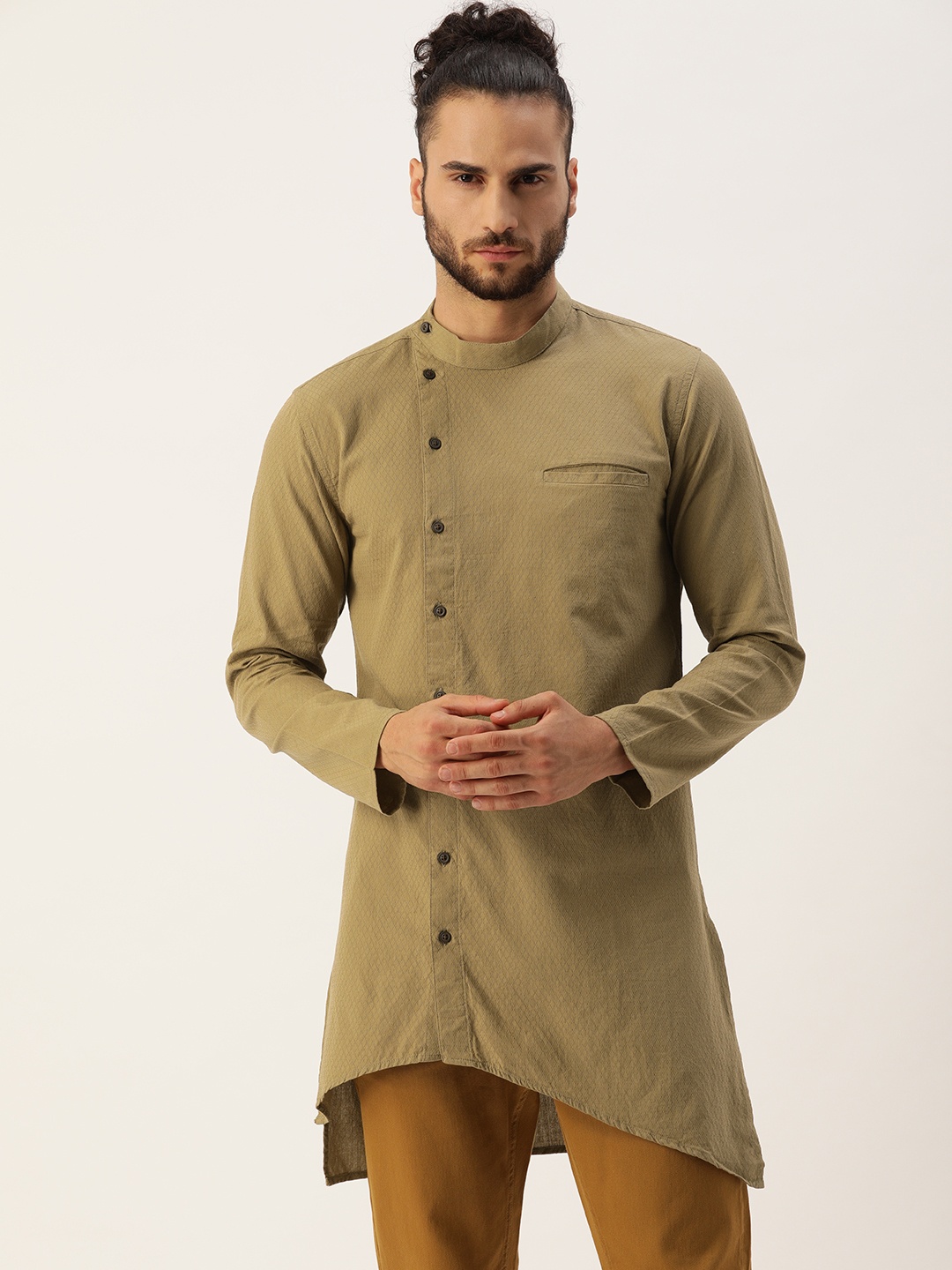 

IVOC Men Khaki Geometric Thread Work Asymmetric Kurta