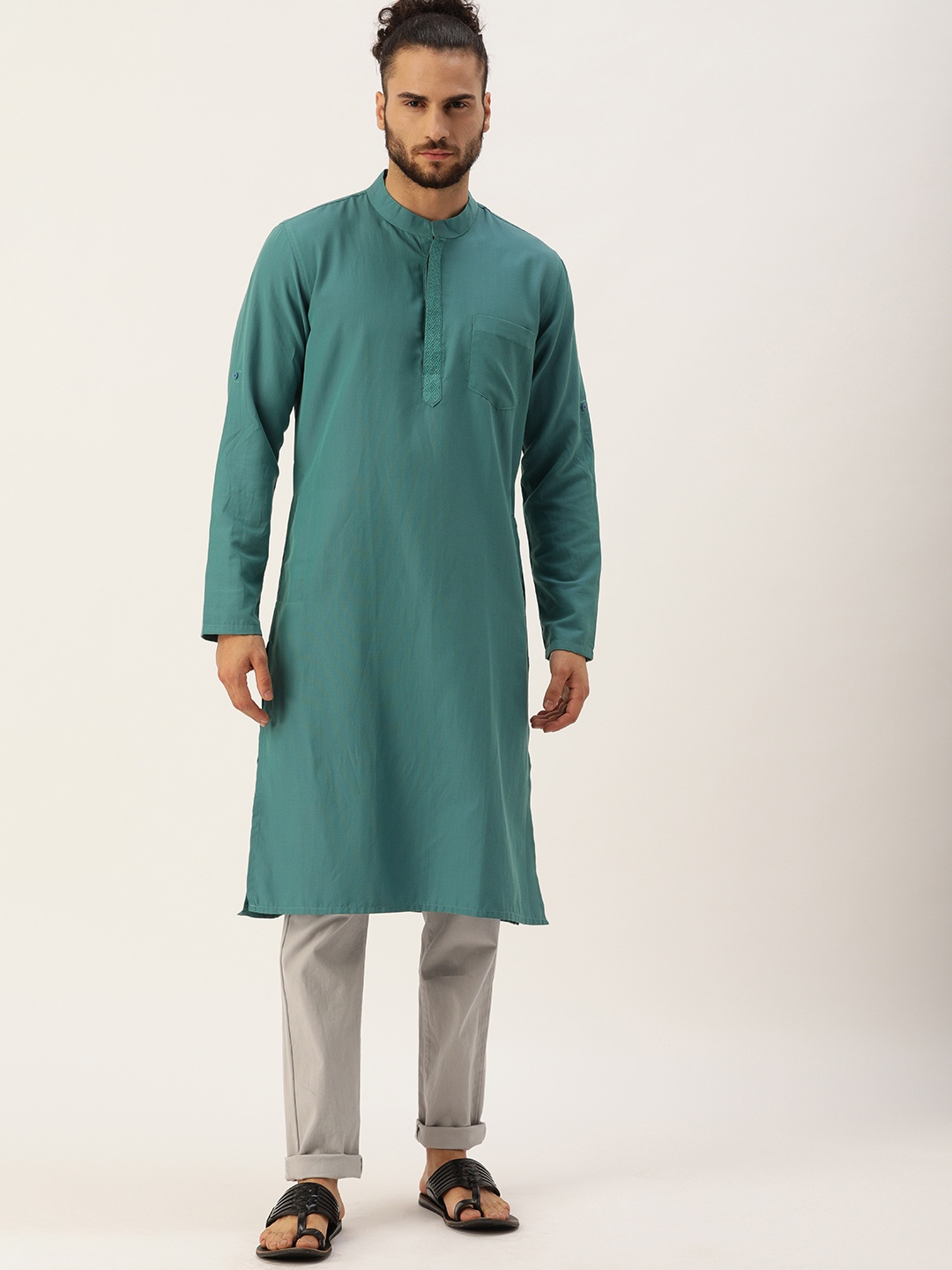 

IVOC Men Teal Green Thread Work Kurta