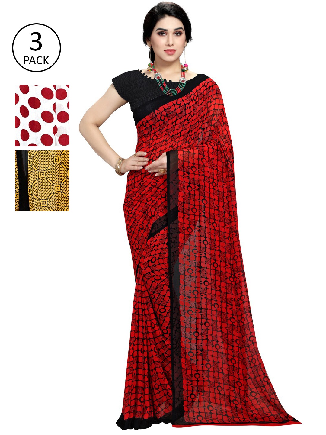 

KALINI Pack of 3 Poly Georgette Printed Sarees, White