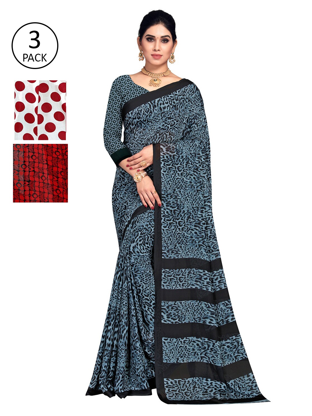 

KALINI Pack of 3 Poly Georgette Printed Sarees, Red