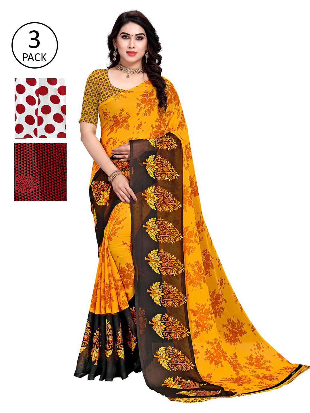 

KALINI Pack of 3 Poly Georgette Printed Sarees, White