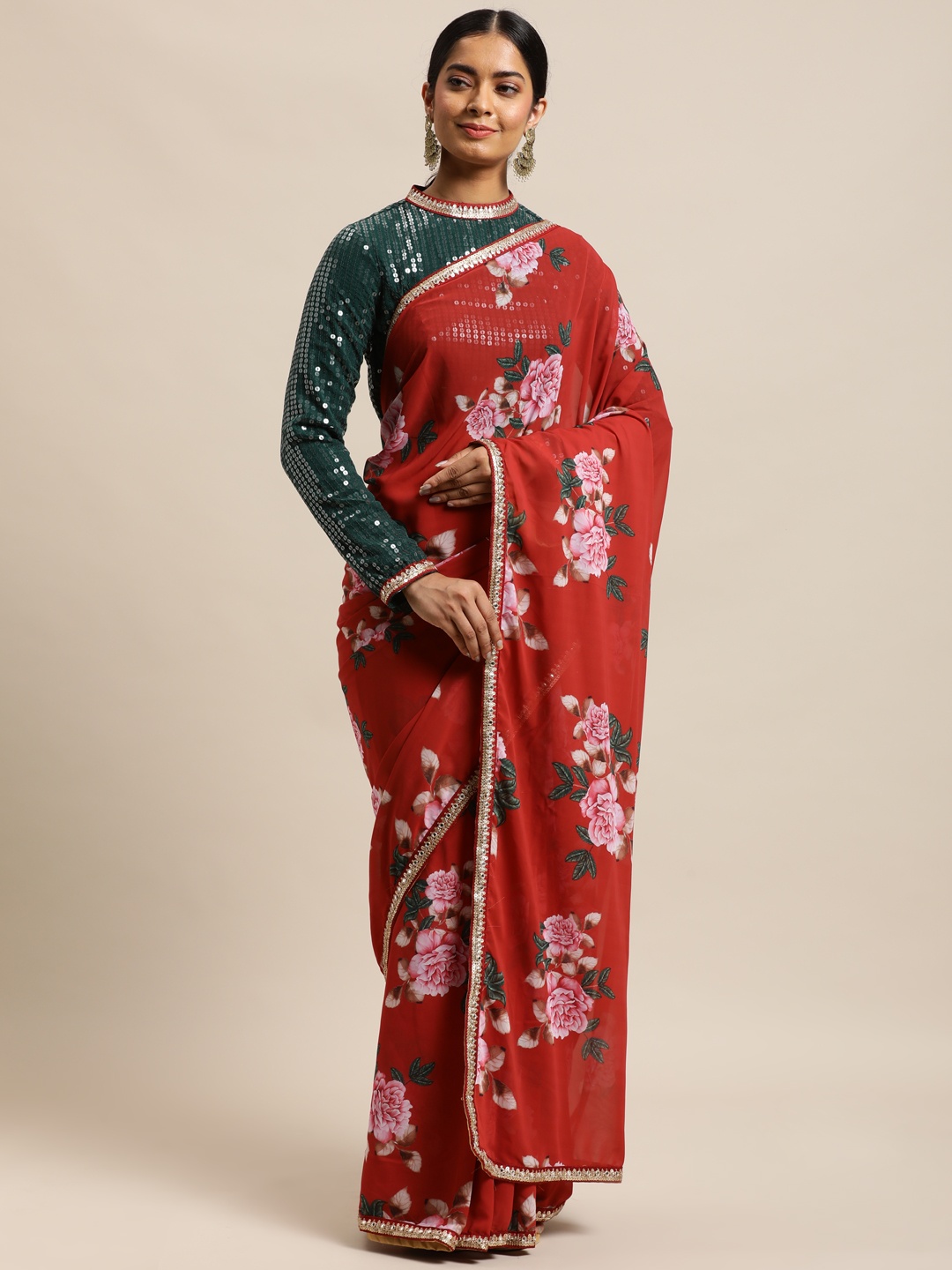 

Ethnovog Red White Floral Print Sequinned Saree