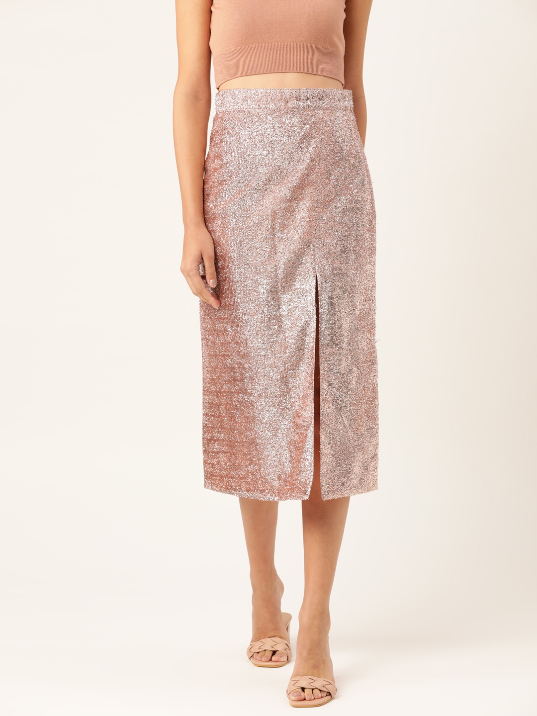 

KHUMAAR Shuchi Bhutani Women Golden Shimmer Straight Skirt, Gold