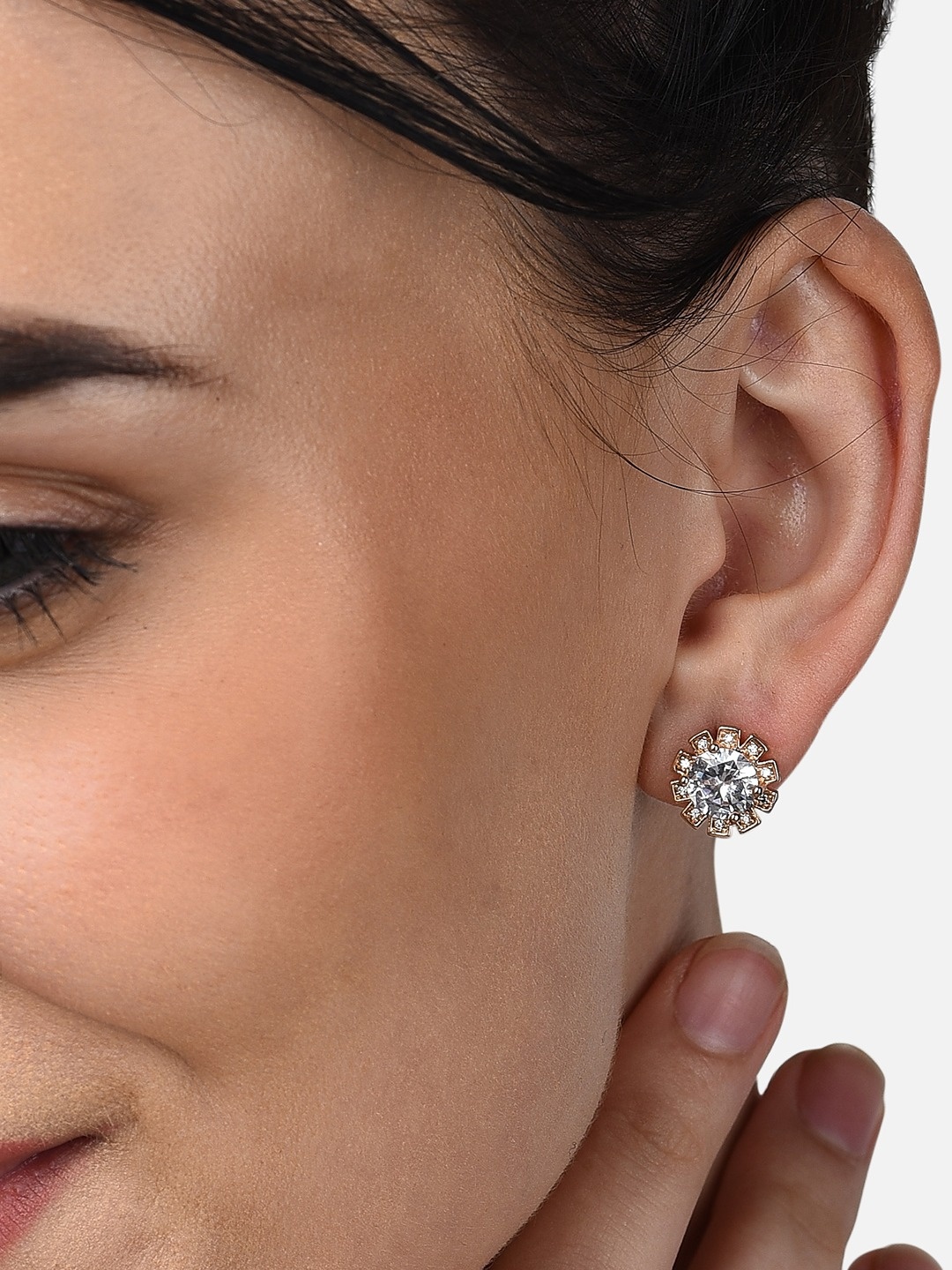 

AMI Rose Gold Cubic Zirconia Floral Studs Earrings