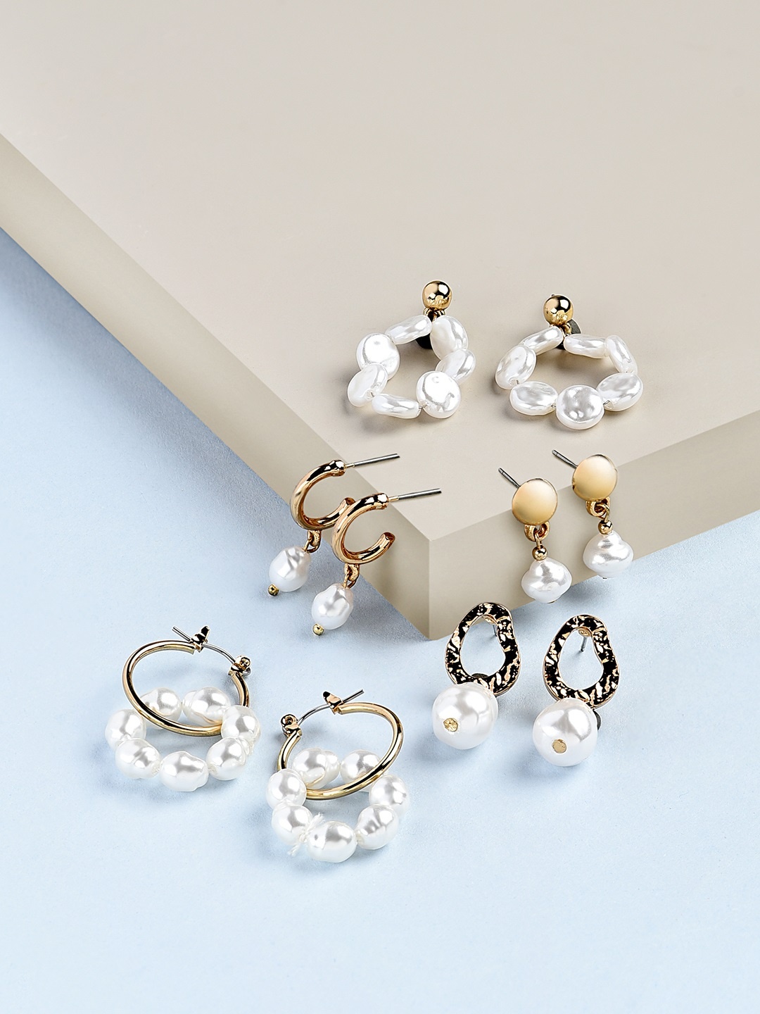

AMI Set Of 5 Gold-Toned & White Classic Drop & Hoop Earrings
