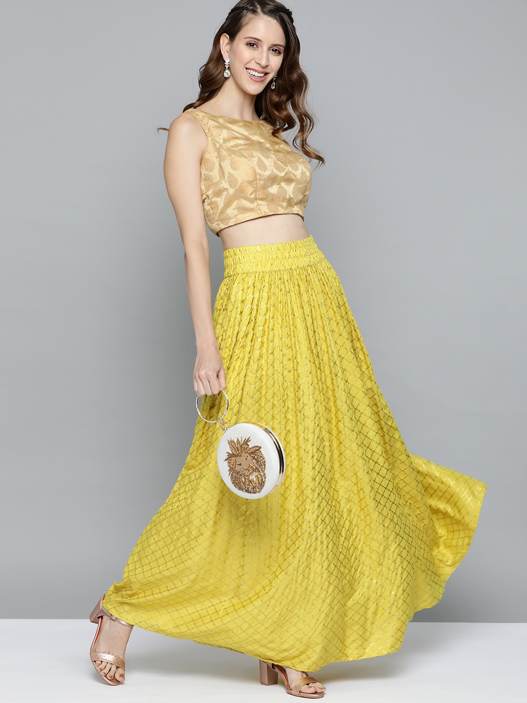 

HERE&NOW Mustard Yellow & Golden Ethnic Print Flared Maxi Skirt