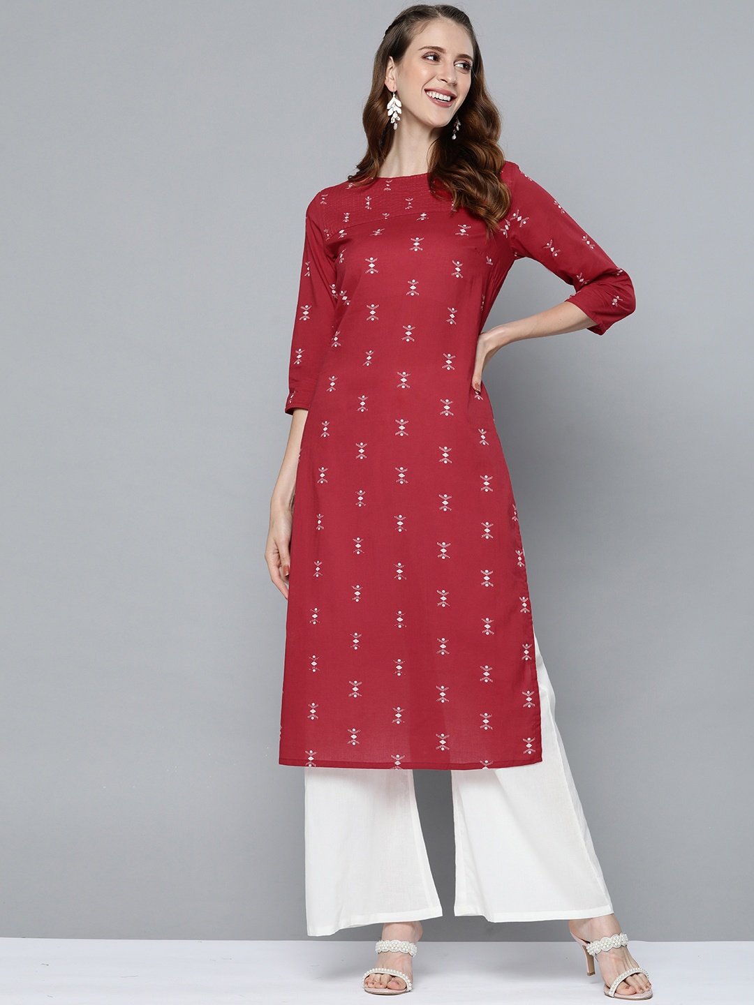 

HERE&NOW Women Maroon & White Printed Pure Cotton Kurta with Palazzos