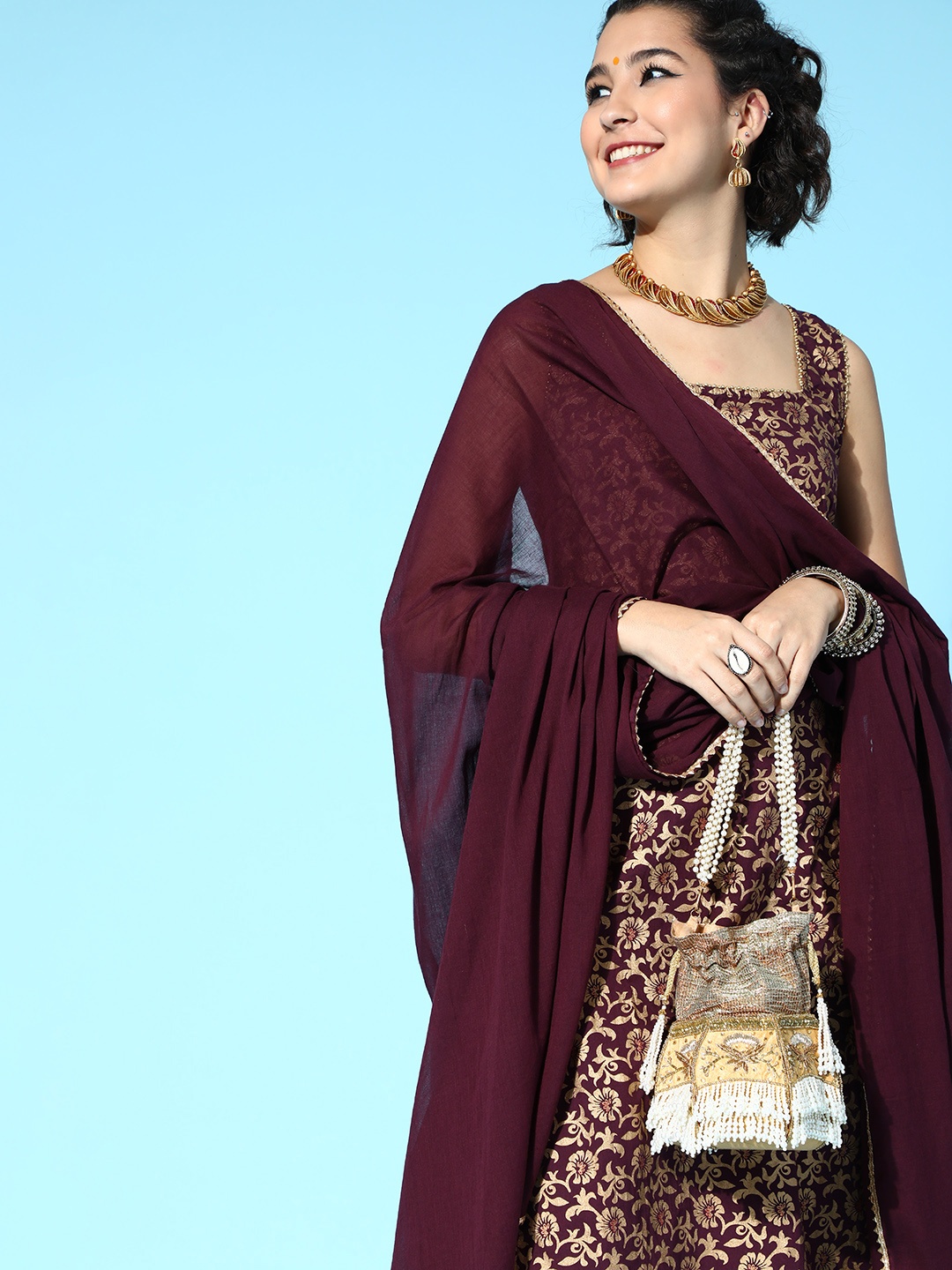 

Moda Rapido Women Burgundy & Golden Printed Pure Cotton Kurta with Trousers & Dupatta