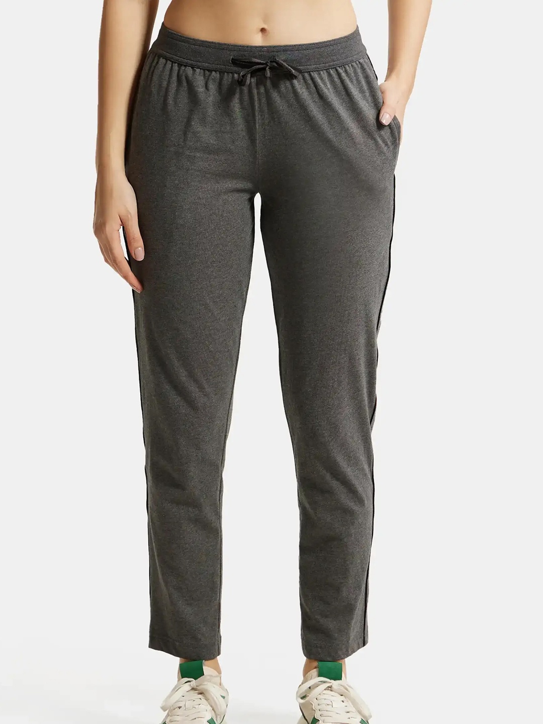 

Jockey Super Combed Cotton Relaxed Fit Trackpants Contrast Side Piping and Pockets-1305, Grey melange