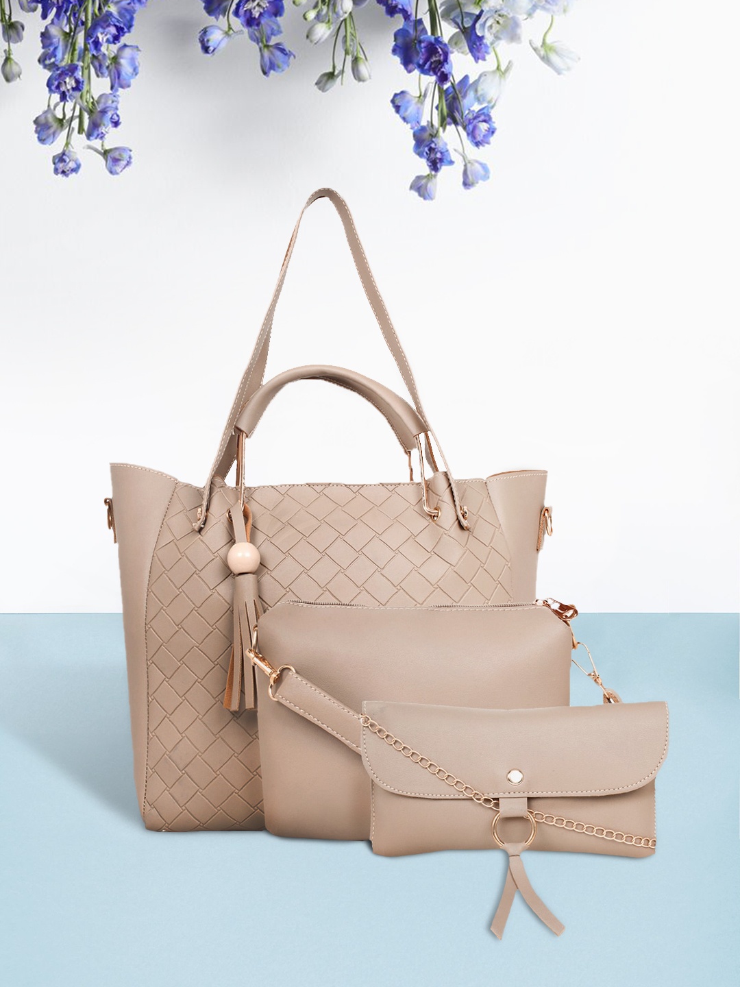 

LEGAL BRIBE Set Of 3 Khaki PU Structured Handbags with Tasselled