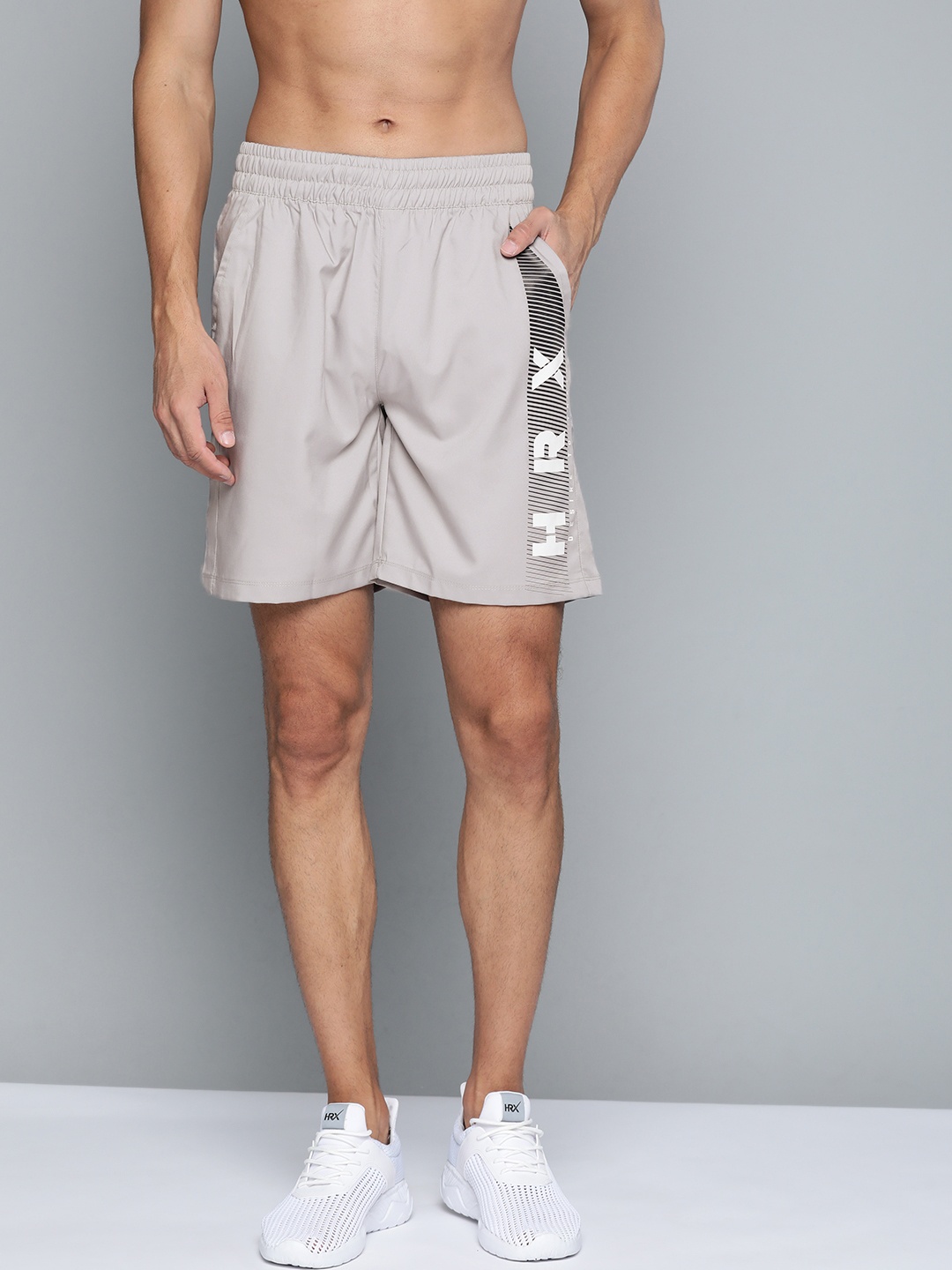 

HRX By Hrithik Roshan Men Grey Brand Logo Print Rapid-Dry Antimicrobial Training Shorts