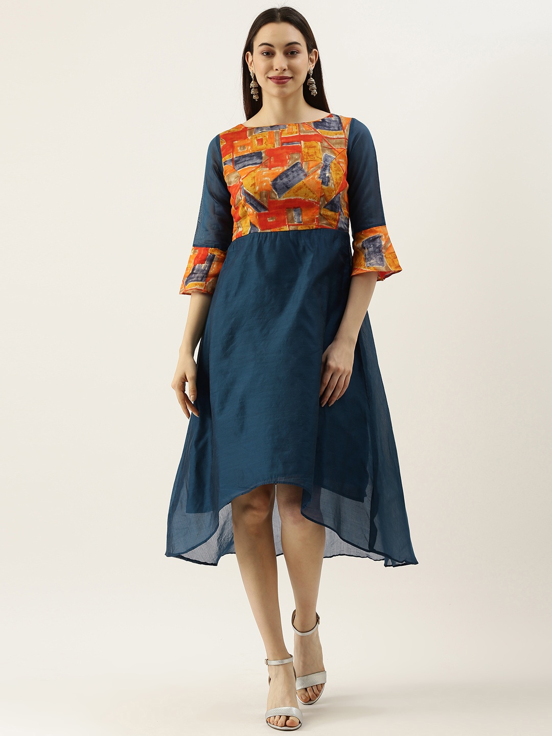 

Ethnovog Women Blue Orange Printed Made To Measure A-Line Dress