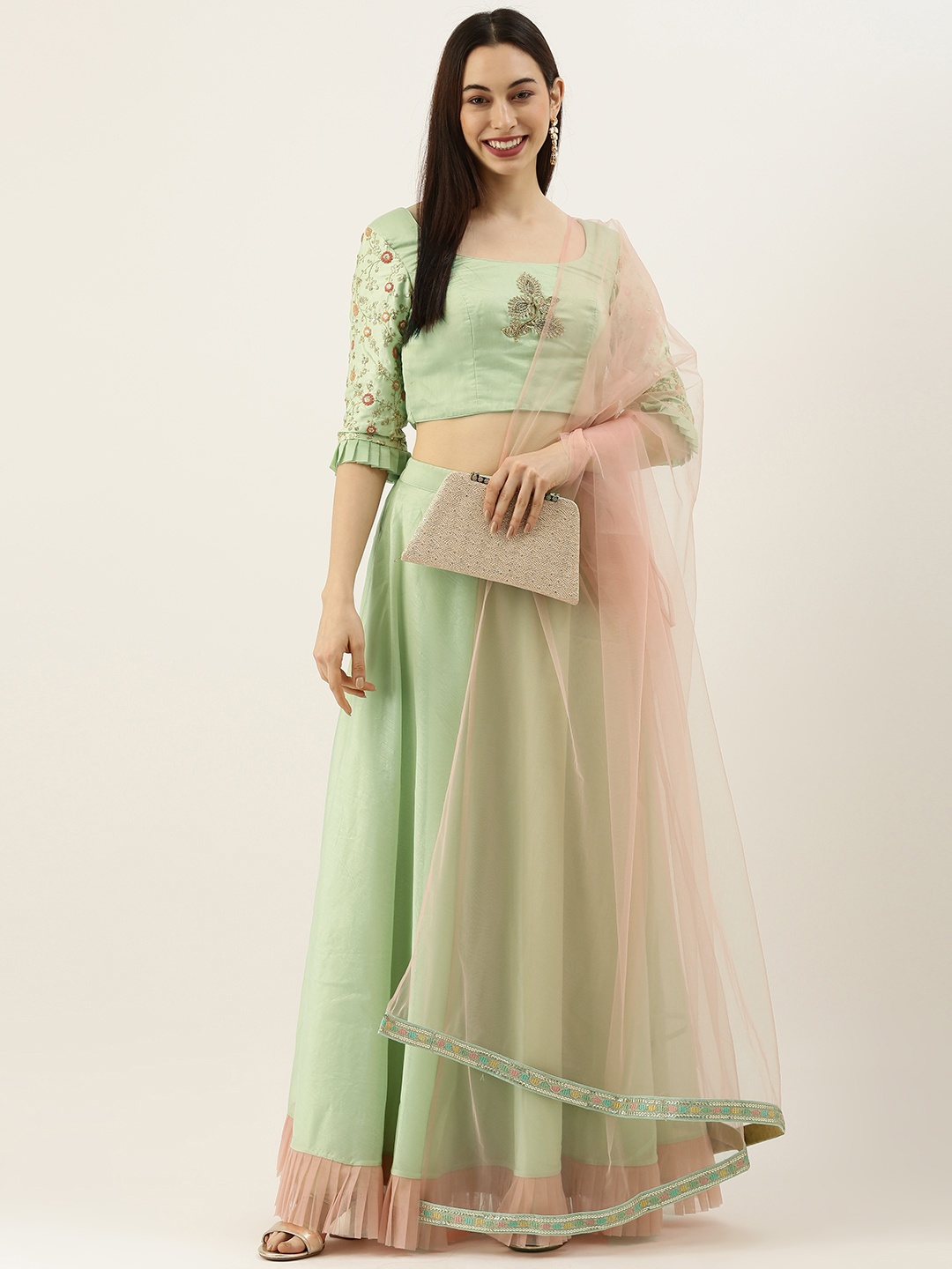 

Ethnovog Green Embellished Sequinned Made to Measure Lehenga Blouse With Dupatta