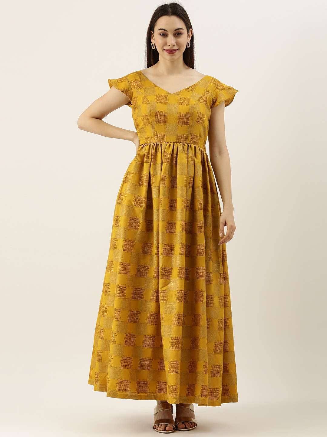 

Ethnovog Women Mustard Yellow Printed Made To Measure Maxi Dress