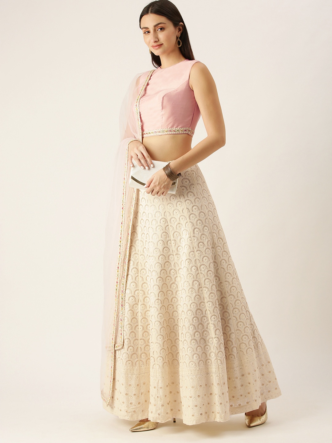 

Ethnovog Pink Off-White Embroidered Ready to Wear Lehenga Blouse With Dupatta