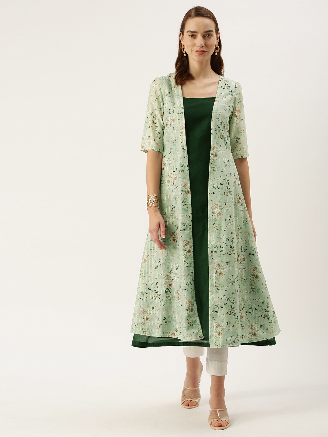 

Ethnovog Women Green Kurta with Muslin Jacket